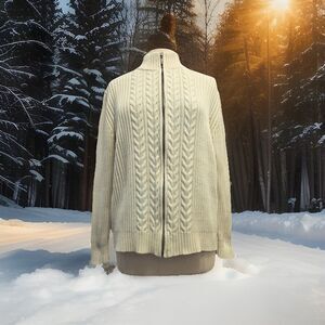 Vtg 90s Lands' End Cardigan Sweater XL 18-20 Cable Knit Cotton Cream Made Japan